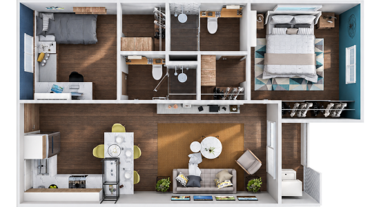 Render de distribución del departamento modelo EVO de 65 m² en Misión Nativa San Nicolás de los Garza, Nuevo León.