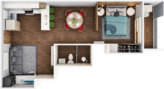 Render de distribución del departamento Entrepreneur A de 46 m² en Misión Nativa San Nicolás de los Garza, Nuevo León.