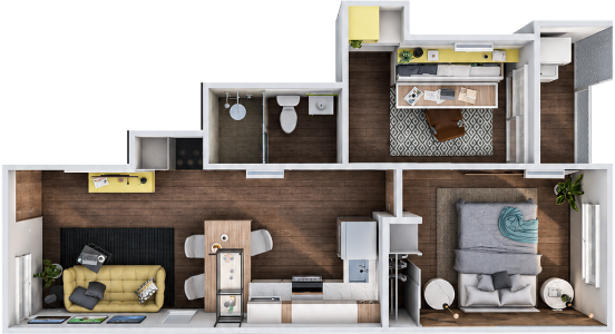 Render de distribución del departamento Entrepreneur B de 48 m² en Misión Nativa San Nicolás de los Garza, Nuevo León.