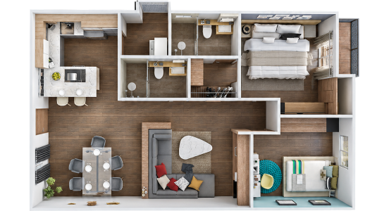 Render de distribución del departamento modelo FLEX de 83 m² en Misión Nativa San Nicolás de los Garza, Nuevo León.